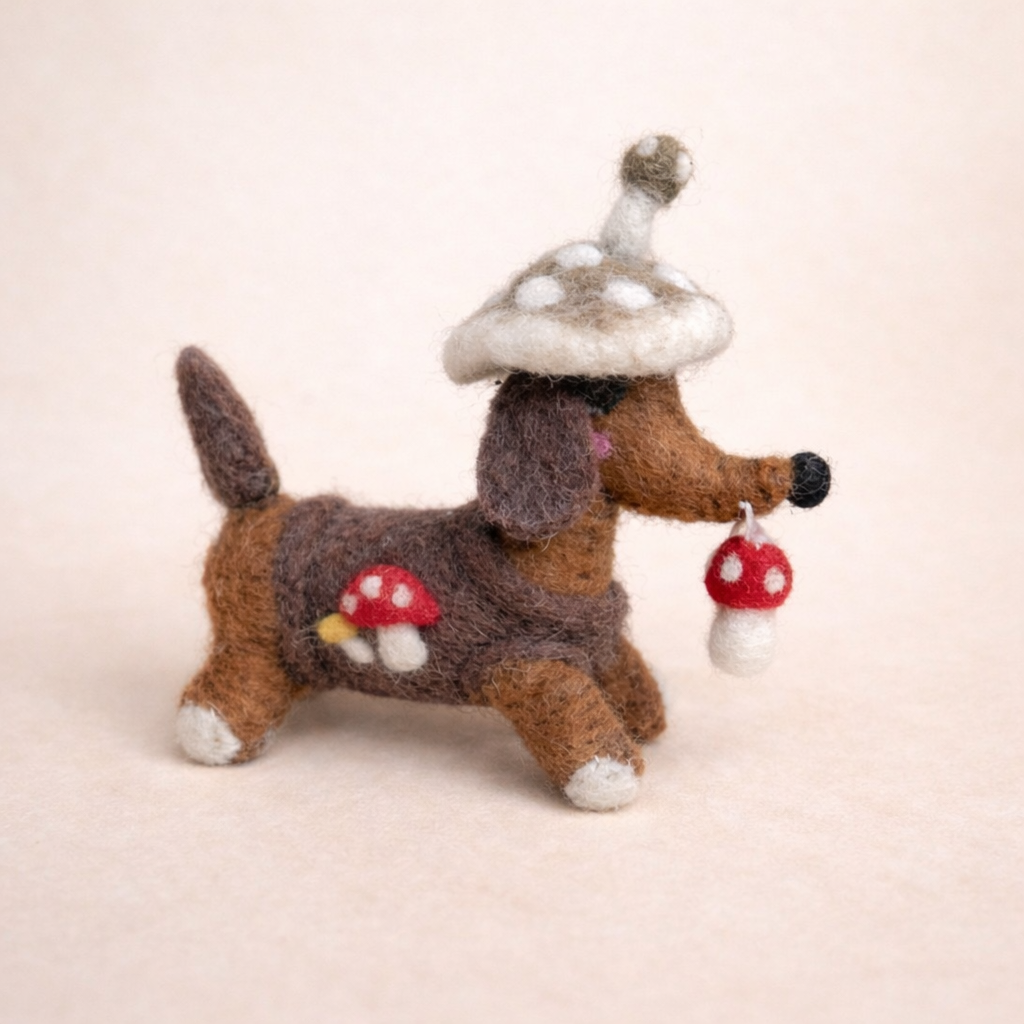 Handmade Felt Dog with Mushroom Hat - Sustainable Nepalese Felt Art by Hillyarn