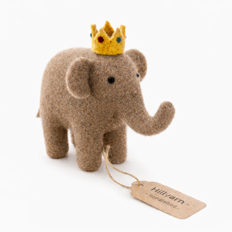 Handmade Royal Felt Elephant with Crown - Sustainable Nepalese Wool Decor by Hillyarn