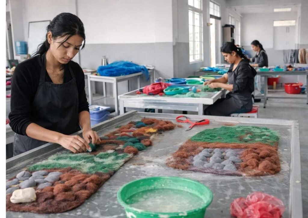 Skilled female artisans making handmade felt in Bhaktapur Nepal