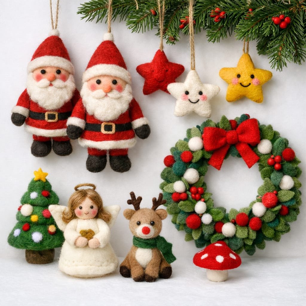 Handmade felt holiday ornaments and Christmas decorations from Nepal for wholesale.