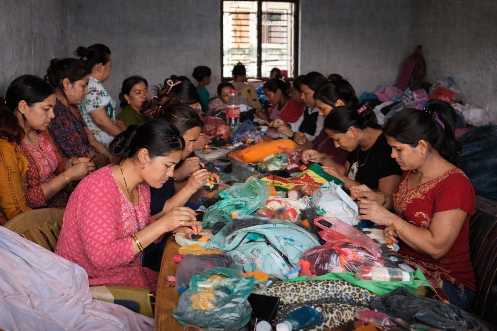 Group of Nepalese women artisans making handmade felt products at Hillyarn workshop.