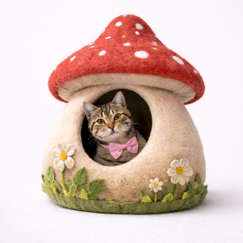 Handmade felt cat cave handcrafted in Nepal from 100 percent pure wool