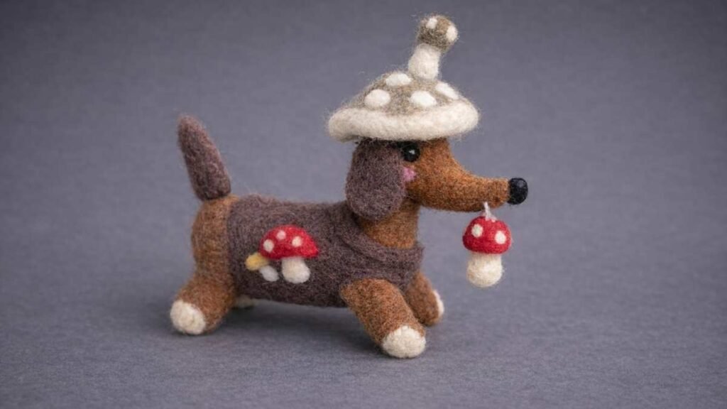 Handmade felt dachshund dog wearing a mushroom hat, eco-friendly wool felt gift from Nepal.