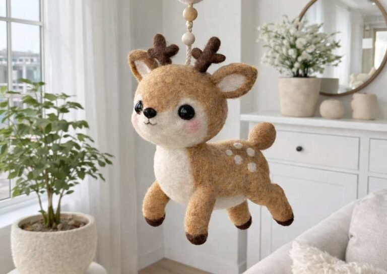 Handmade felt deer nursery decor hanging from Nepal