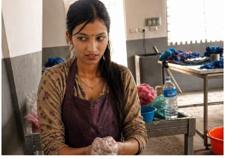 Young artisan Sangita learning felt craft with wool and water at Hillyarn workshop Nepal