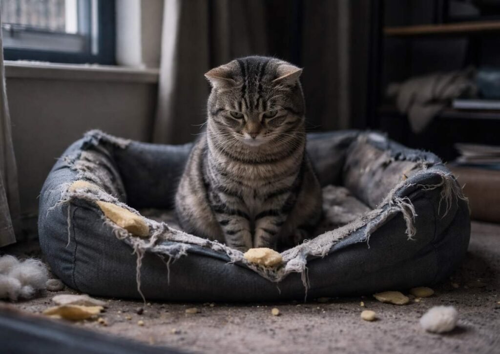 A sad tabby cat sitting in a destroyed and torn synthetic pet bed with foam pieces scattered around