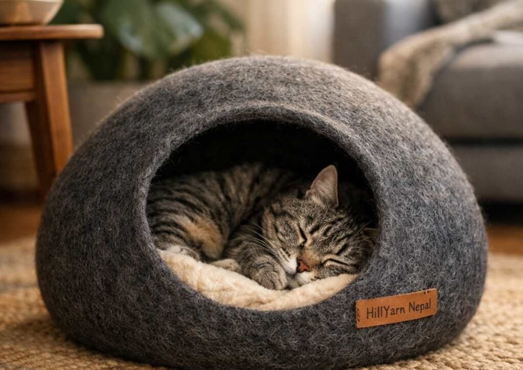 Handmade wool felt cat cave from www.hillyarn.com with happy cat sitting inside, modern living room background, eco friendly pet bed made in Nepal with New Zealand wool