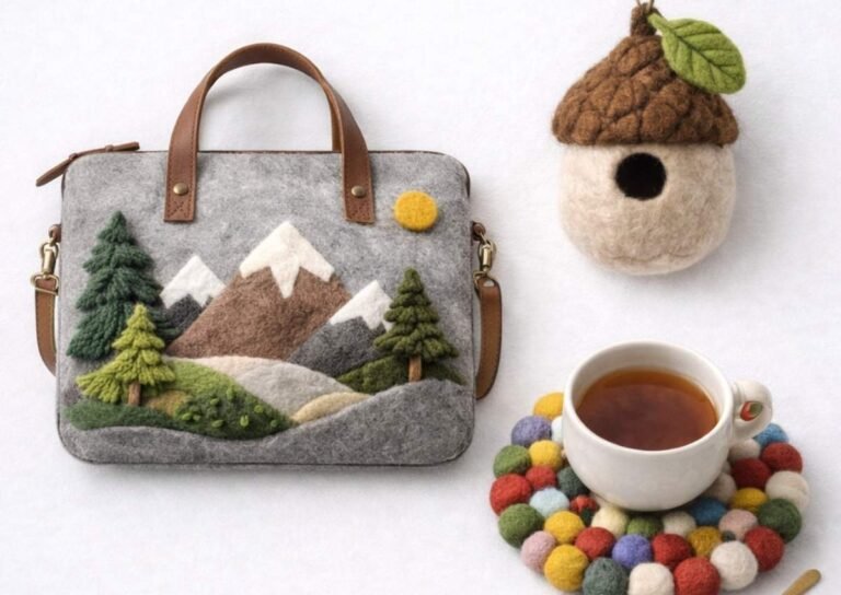 Handmade felt laptop bag with mountain design and colorful felt ball coaster from Nepal