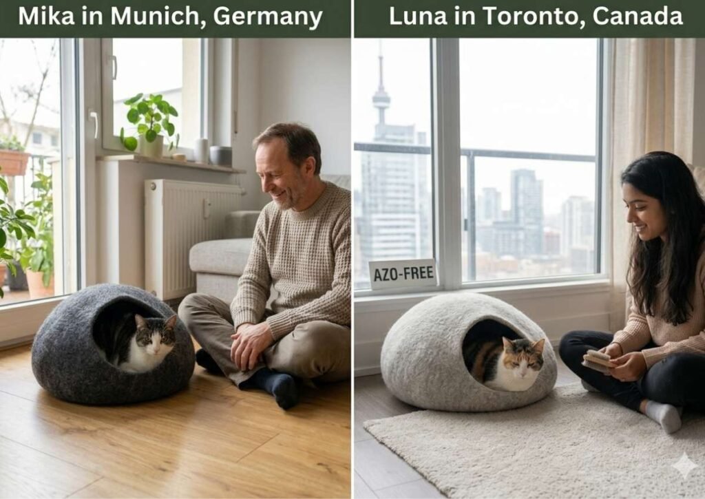 Klaus from Germany and Priya from Canada with their cats Mika and Luna enjoying handmade wool felt cat caves from Hillyarn Nepal