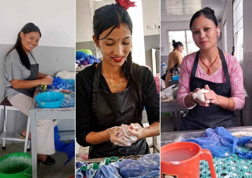 Hillyarn's women artisans Ashmita, Sangita, and Sonam hand-crafting premium wool felt products in their Bhaktapur, Nepal workshop.