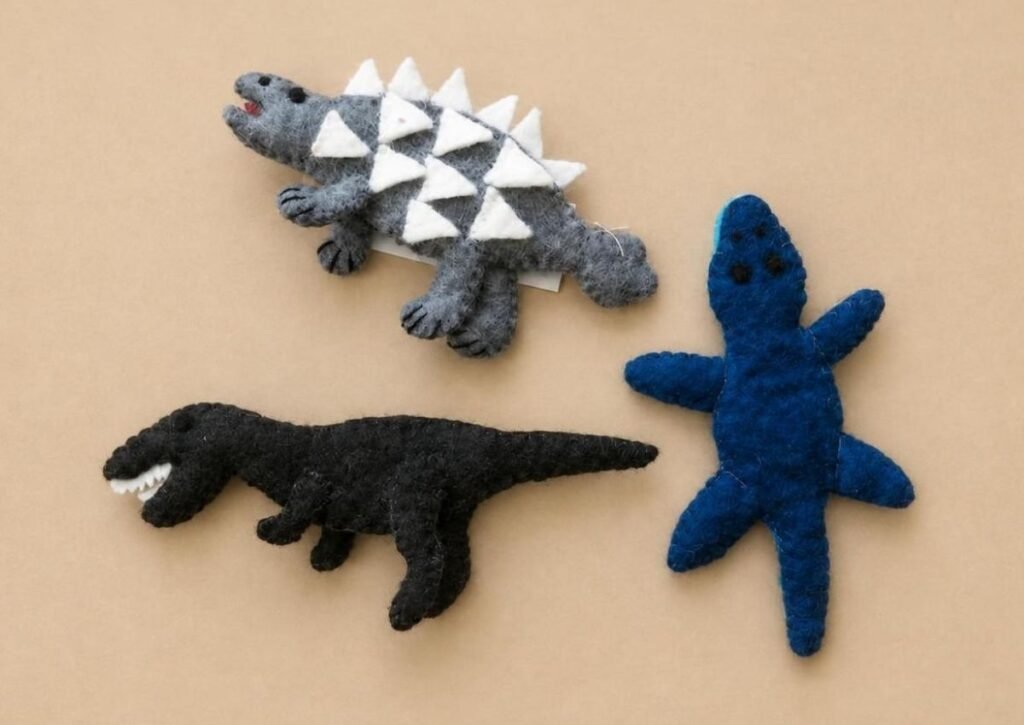 Handmade felt dinosaur and sea creature toys from Nepal