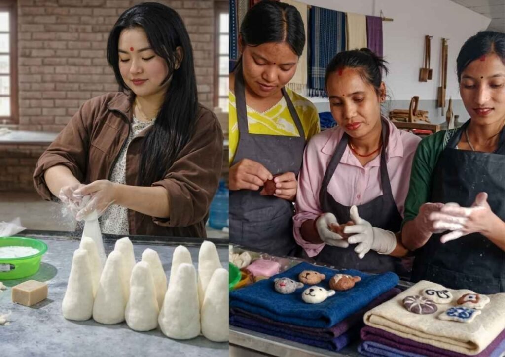 Artisans crafting handmade felt products in a Bhaktapur workshop, Nepal.