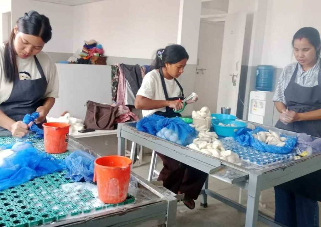 Traditional Nepalese wool felt manufacturer artisans wet felting and shaping wool by hand