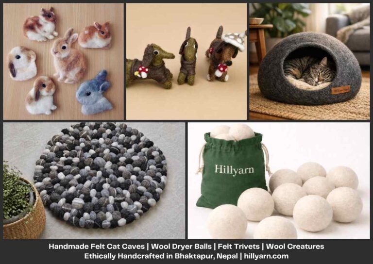 Assorted handmade felt cat caves, wool dryer balls, trivets, and felt creatures ethically handcrafted in Bhaktapur, Nepal
