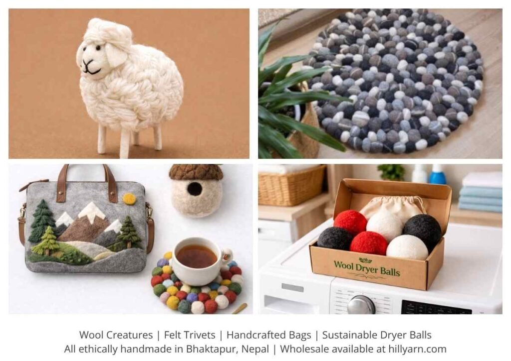 Assorted handmade felt products including wool creatures, trivets, bags, and dryer balls from Hillyarn