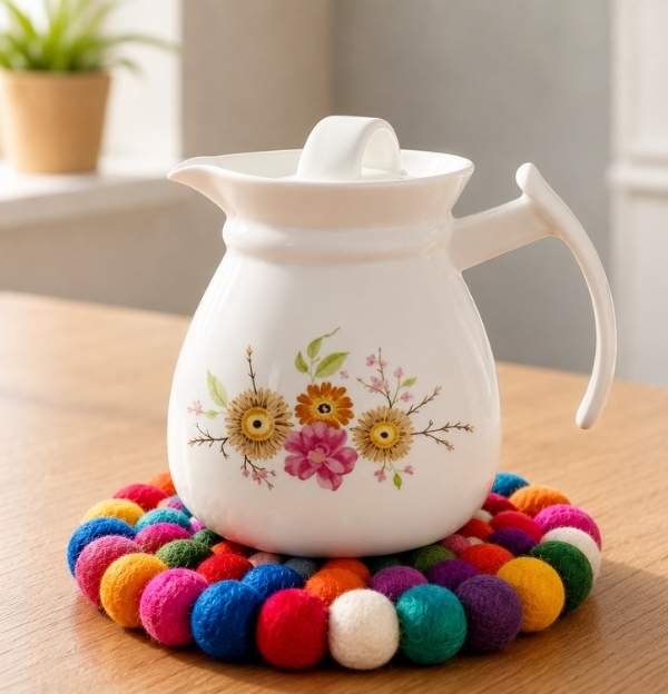 Handcrafted felt ball trivet for kitchen and home decor, wholesale supplier.