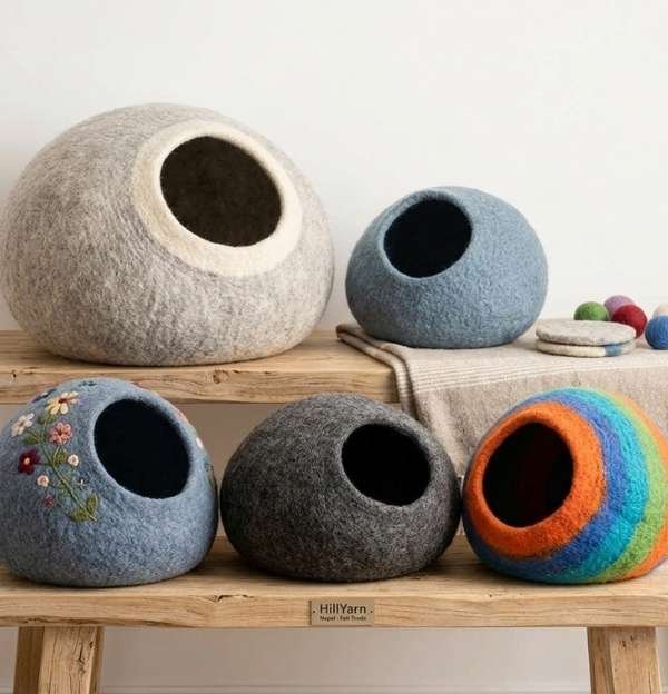 Wholesale felt cat caves handmade from premium merino wool by artisans in Nepal.