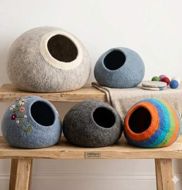 Wholesale felt cat caves handmade from premium merino wool by artisans in Nepal.