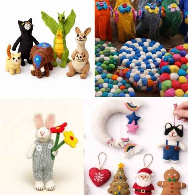 Handmade felt Christmas ornaments, festive decorations, and pet toys from Hillyarn Nepal.