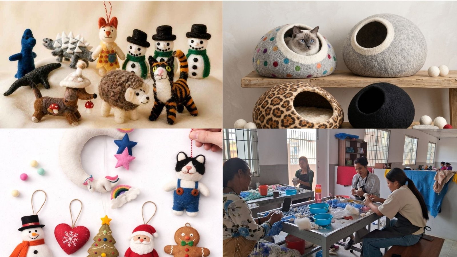 Handmade felt products wholesale collection from Nepal: felted wool Christmas ornaments with snowman and animals, eco-friendly felt cat caves with real cat, felted garlands and toys, plus Nepali artisans crafting felt products in Hillyarn factory. 100% New Zealand wool, MOQ 50pcs, private label available