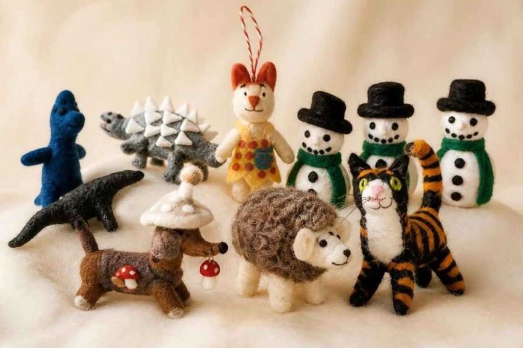 Handmade whimsical felt figurines including dinosaurs, dog with mushrooms, hedgehog, cat, humanoid figure, and snowmen crafted from wool