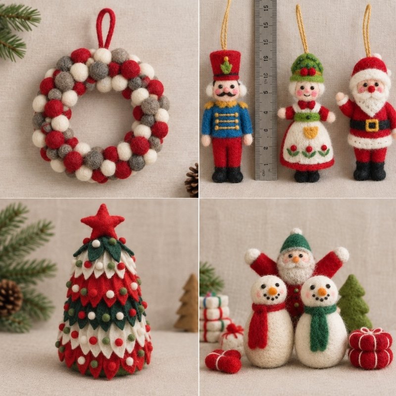 Handmade felt Christmas decor collection featuring felt ball wreath, nutcracker Santa ornaments, layered felt Christmas tree and felt snowmen with Santa by Hillyarn Nepal