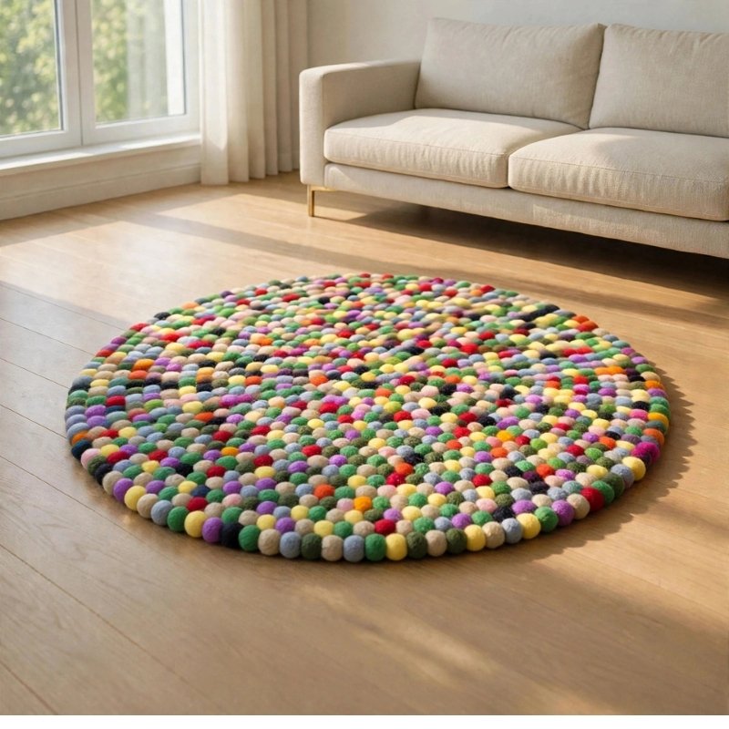 Handmade felt decor collection featuring colorful wool felt ball rug in modern living room - 100% handmade in Nepal by Hillyarn