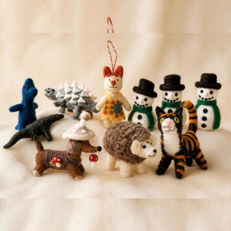 Handmade felt kids toys collection including dinosaur, dachshund dog, hedgehog, tabby cat, snowmen and forest animals by Hillyarn Nepal