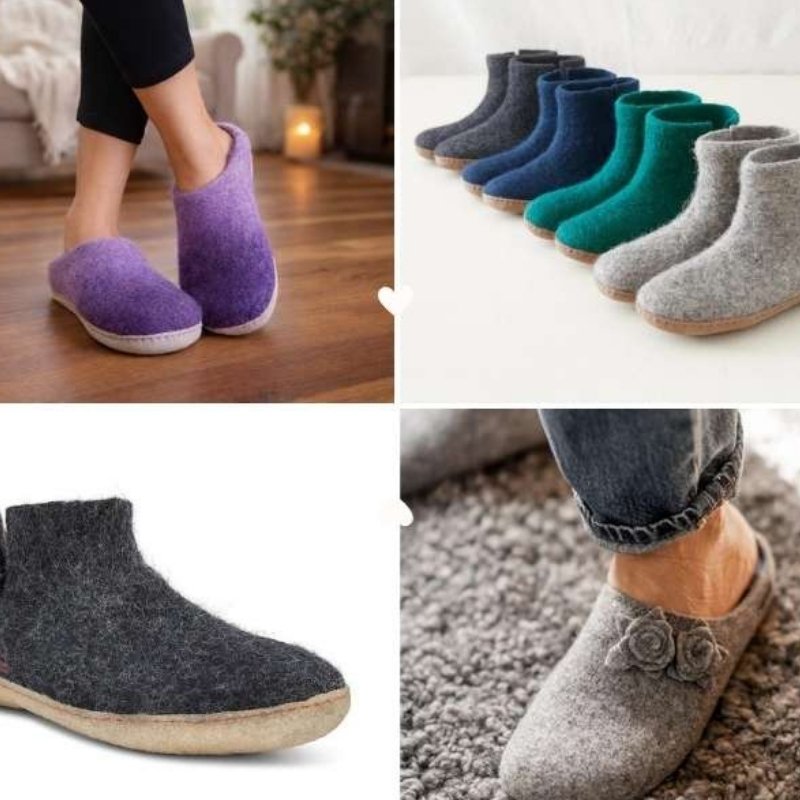 Handmade felt wool slippers and shoes collection including purple slip-on, ankle boots in navy blue green grey, charcoal boot and grey floral slipper by Hillyarn Nepal
