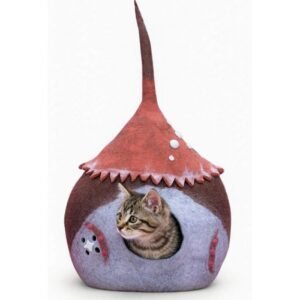 Wholesale Felt Fairy Mushroom Cat Cave - Red Tall Roof - Handmade in Nepal