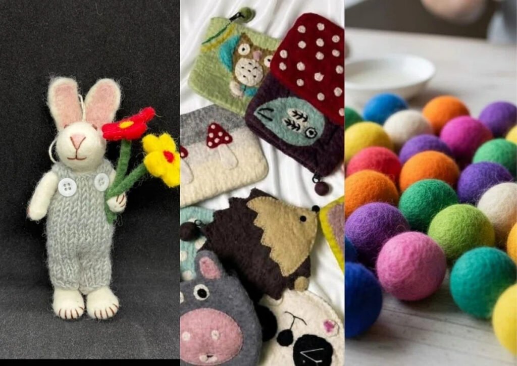 Handmade felted rabbit, animal bags and colorful wool balls - Hillyarn collection