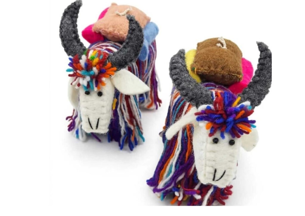 Handmade felted yak with colorful wool decorations - Hillyarn custom wool design