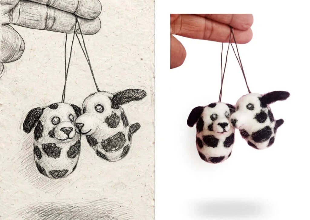 Hand-drawn sketch transforming into handmade felted dalmatian dog ornaments - Hillyarn custom design