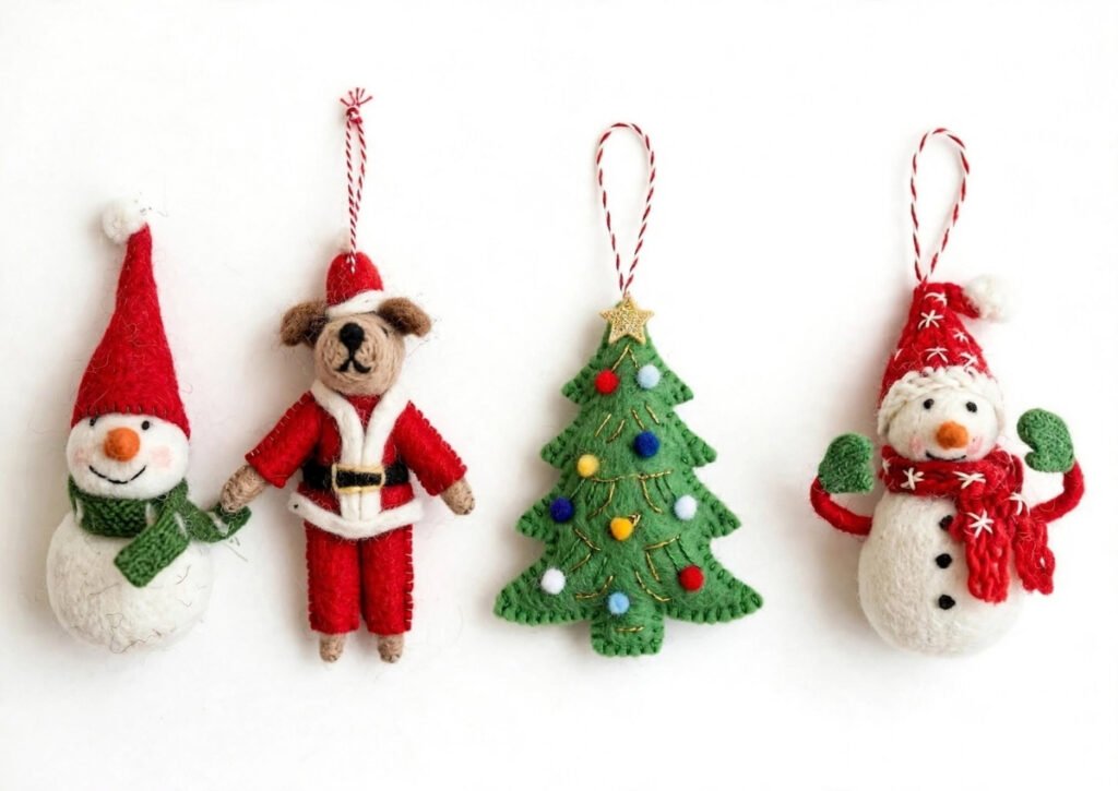 Wholesale handmade wool felt Christmas ornaments set of 4 with needle felted snowman, Santa dog, Christmas tree with star, handcrafted in Nepal for wholesale buyers - Hillyarn