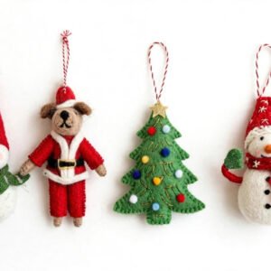 Wholesale handmade wool felt Christmas ornaments set of 4 with needle felted snowman, Santa dog, Christmas tree with star, handcrafted in Nepal for wholesale buyers - Hillyarn