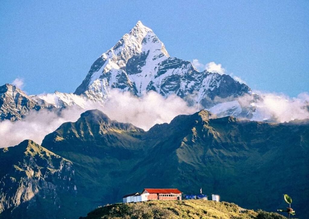 Machhapuchhre Fishtail mountain with melting snow - climate change impact in Nepal