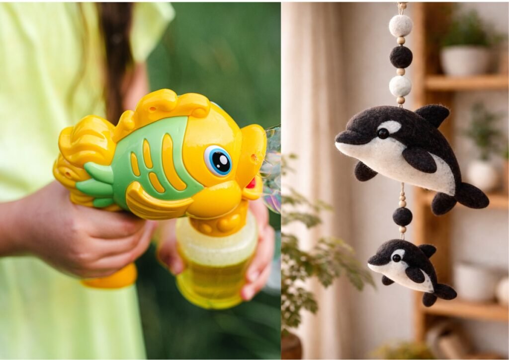 Plastic toy vs handmade wool felt penguin - sustainable eco-friendly choice for children