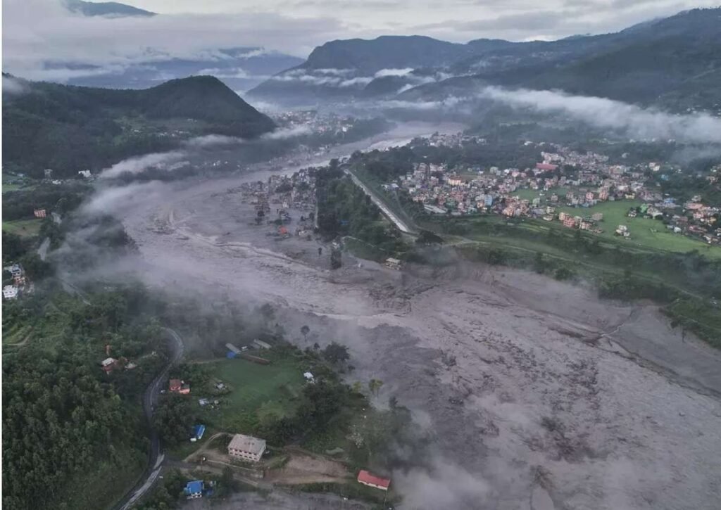 Drone view of Rasuwa floods devastation in Nepal, August 2026 - mountain tsunami