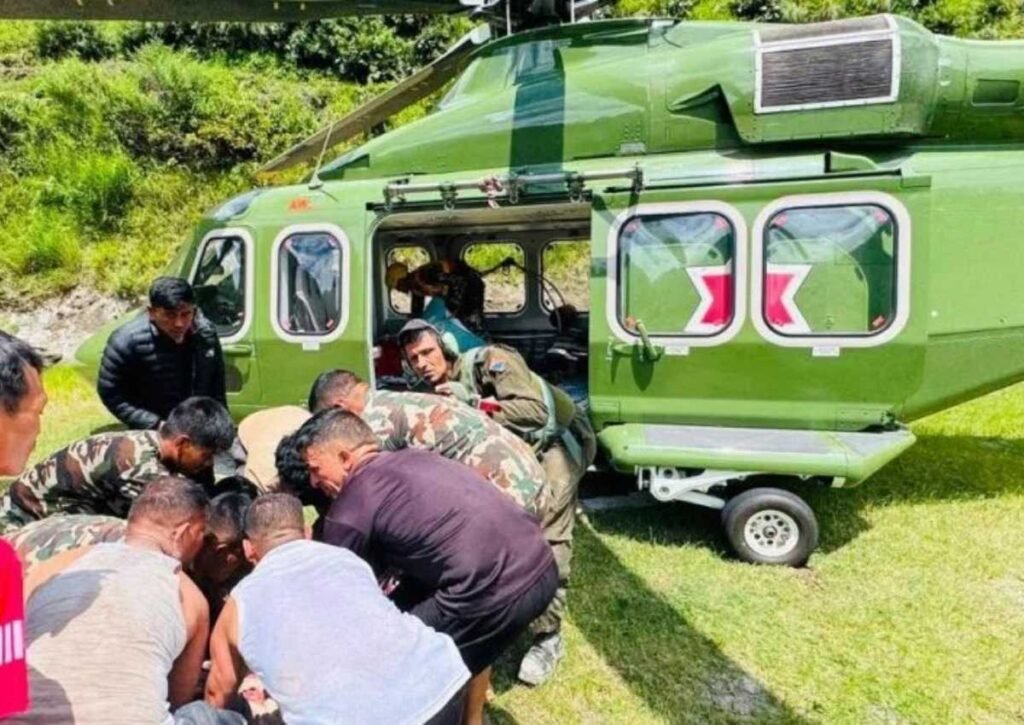Nepal Army helicopter rescue operation during Rasuwa floods 2026