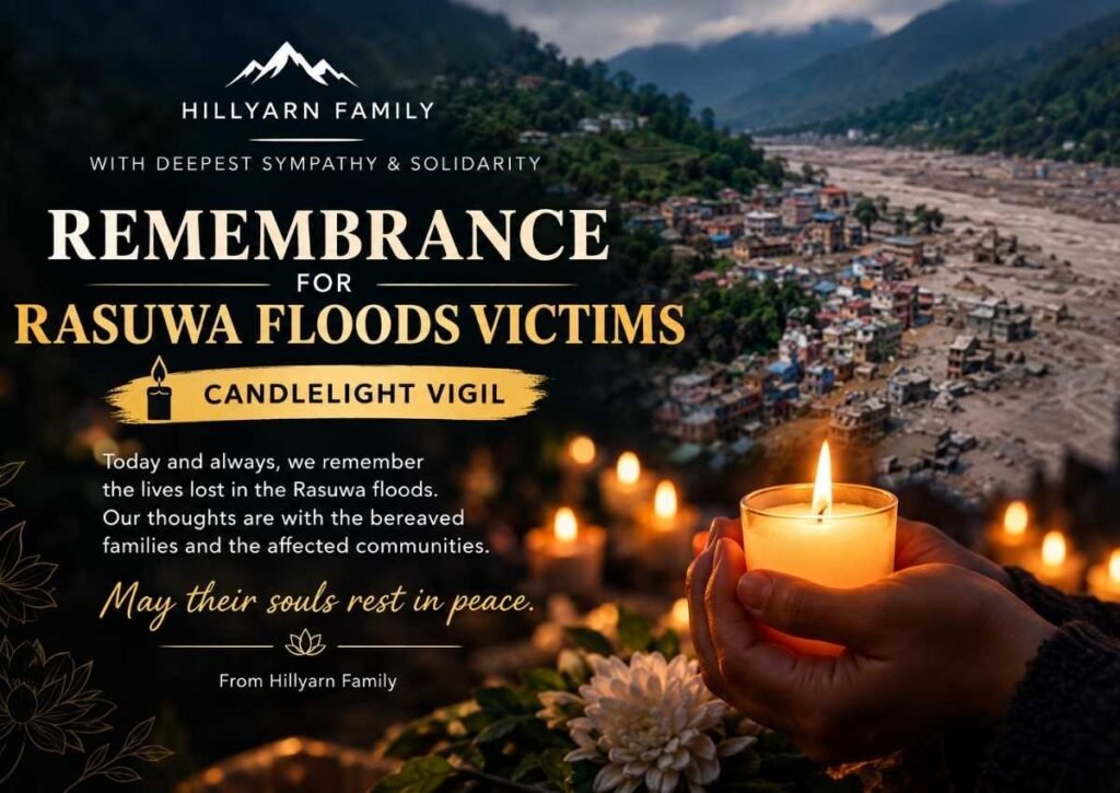 Candlelight vigil for victims of Rasuwa floods in Nepal 2026 - remembrance by Hillyarn Family