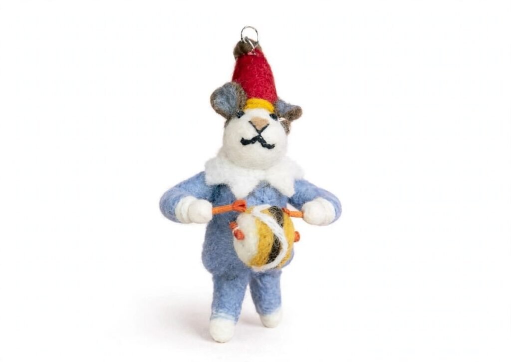 Wholesale handmade needle felted cat drummer Christmas ornament from Nepal in blue outfit with drum - Hillyarn