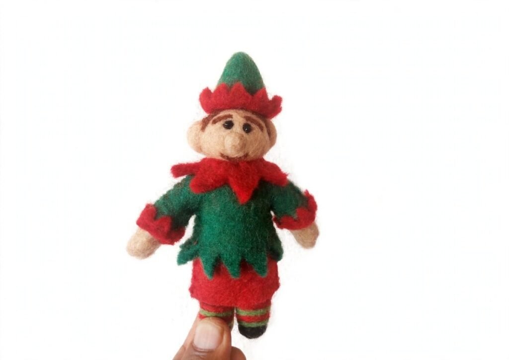 Wholesale handmade needle felted Christmas elf ornament from Nepal in green and red outfit - Hillyarn