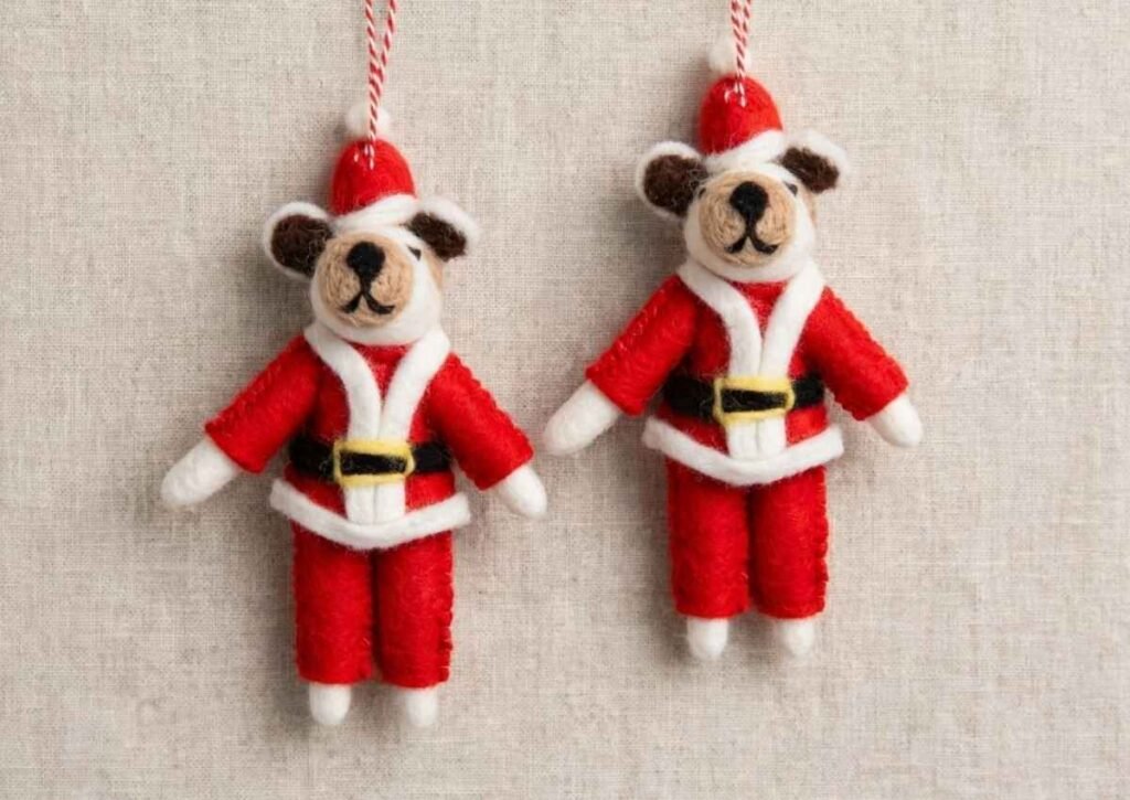 Wholesale handmade needle felted Santa dog Christmas ornament from Nepal in red Santa suit - pair - Hillyarn