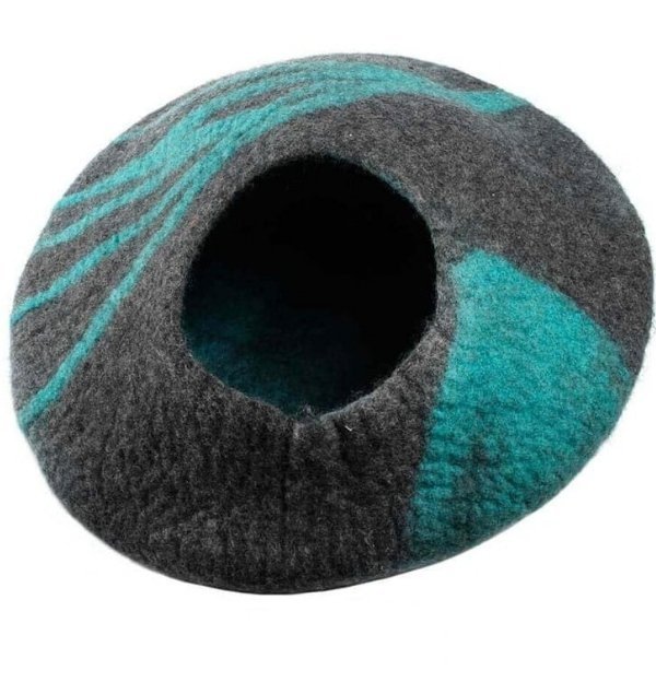 Wholesale handmade wool felt cat cave bed in charcoal grey with teal swirl pattern, handcrafted in Nepal for wholesale buyers - Hillyarn